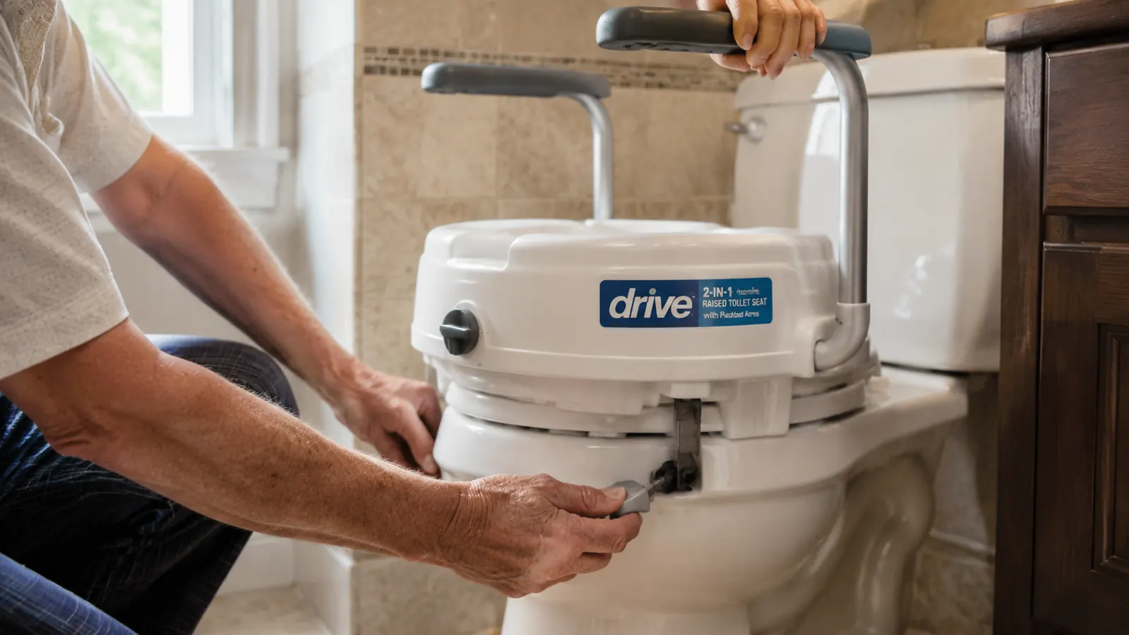 Close-up of the Drive Medical 2-in-1 raised toilet seat with removable padded arms installed on a standard white toilet