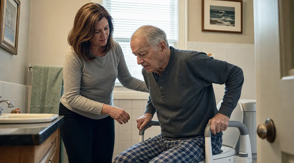 Caregiver helping an elderly man stand up from the toilet using the padded arms of a raised toilet seat