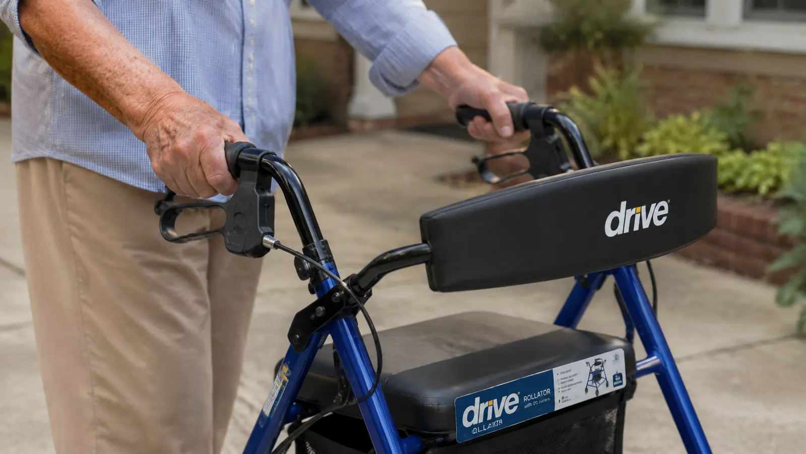 Close-up of a hand gripping the brake handle of a blue Drive Medical rollator walker on a concrete path