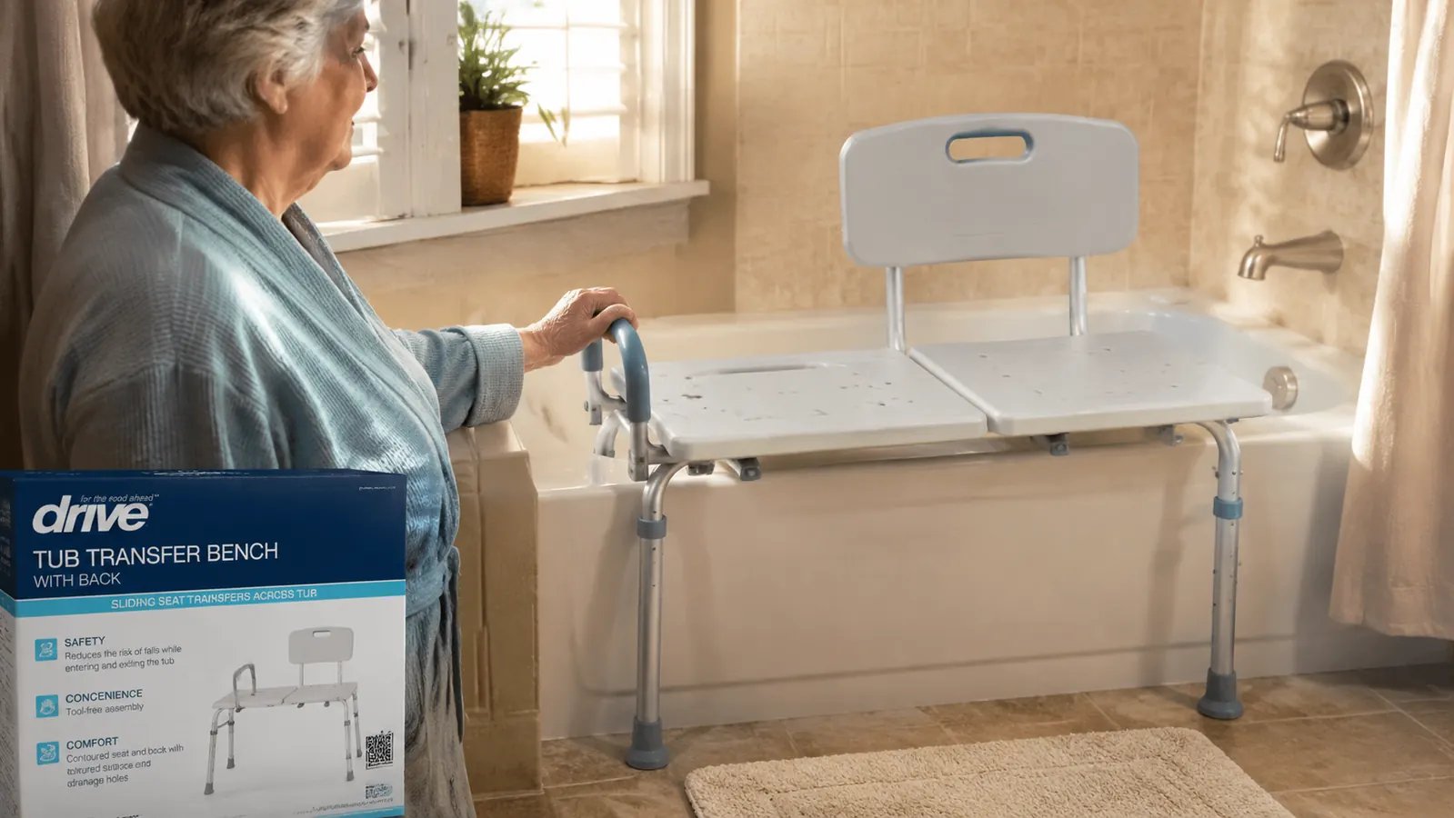 Drive Medical tub transfer bench shown positioned across a standard bathtub edge, height-adjustable legs visible