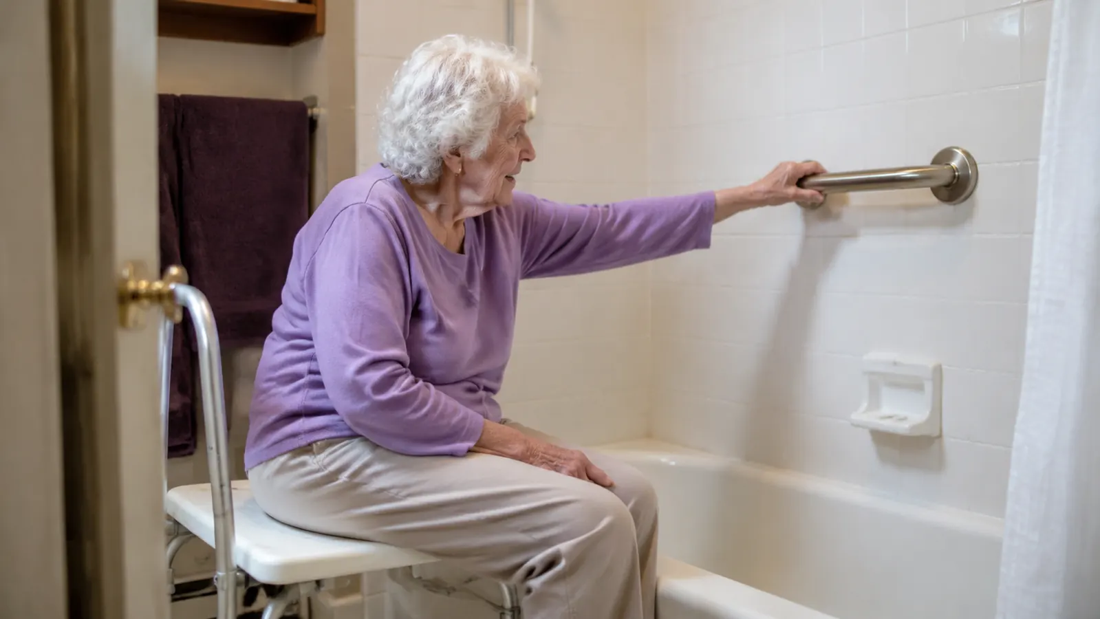 Older woman sitting calmly on a transfer bench seat outside the tub, about to slide across, no caregiver present